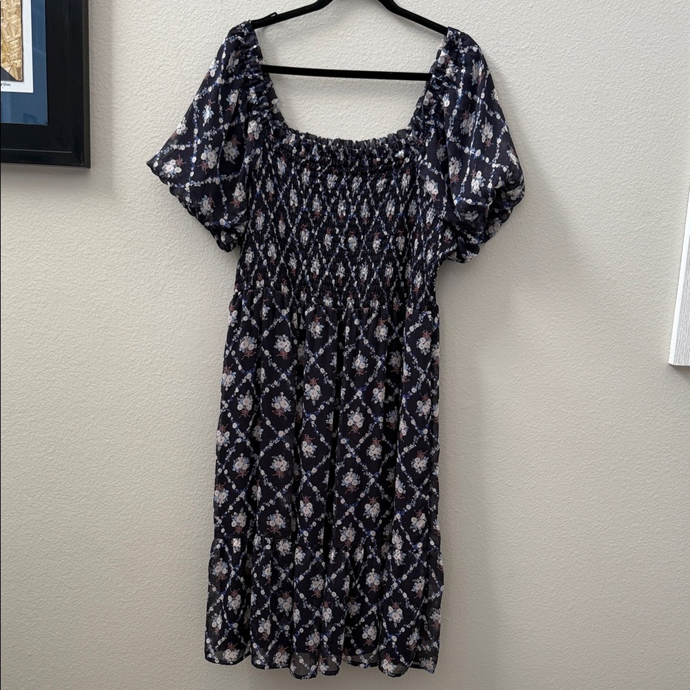 LC Lauren Conrad Dark Blue Patterned Midi Dress